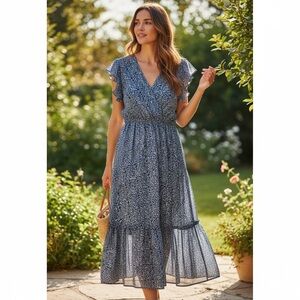 Chic Style Blue & White Leopard Print Maxi Dress Size M